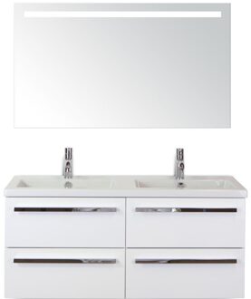 Seville Badmeubelset 120 cm - 4 Laden Wit Hoogglans - Wastafel Djazz Dubbel met Sence Spiegel