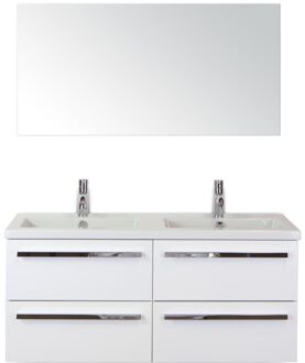 Seville Badmeubelset 120 cm - 4 Laden Wit Hoogglans - Wastafel Djazz Dubbel met Spiegel