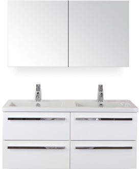Seville Badmeubelset 120 cm - 4 Laden Wit Hoogglans - Wastafel Djazz Dubbel met Spiegelkast