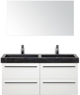 Seville Badmeubelset 120 cm - 4 Laden Wit Hoogglans - Wastafel Hardsteen Wit Lucca met Spiegel