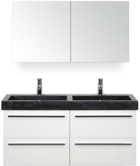 Seville Badmeubelset 120 cm - 4 Laden Wit Hoogglans - Wastafel Hardsteen Wit Lucca met Spiegelkast