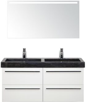 Seville Badmeubelset 120 cm - 4 Laden Wit Hoogglans - Wastafel Lucca Dubbel met Sence Spiegel