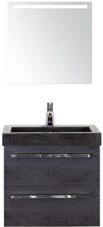 Seville Badmeubelset 60 cm - Black Oak - Wastafel Hardsteen Wit Lucca met Sence Spiegel