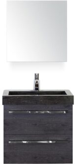 Seville Badmeubelset 60 cm - Black Oak - Wastafel Hardsteen Wit Lucca met Spiegelkast