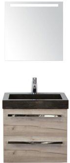 Seville Badmeubelset 60 cm - Craft Oak - Wastafel Hardsteen Wit Lucca met Sence Spiegel