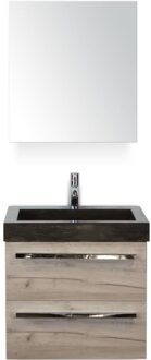 Seville Badmeubelset 60 cm - Craft Oak - Wastafel Hardsteen Wit Lucca met Spiegelkast