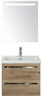 Seville Badmeubelset 60 cm - Natuur Eiken - Keramische Wastafel Wit Djazz met Sence Spiegel