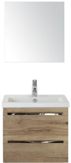 Seville Badmeubelset 60 cm - Natuur Eiken - Keramische Wastafel Wit Djazz met Spiegel