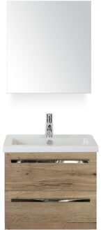 Seville Badmeubelset 60 cm - Natuur Eiken - Keramische Wastafel Wit Djazz met Spiegelkast