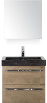 Seville Badmeubelset 60 cm - Natuur Eiken - Wastafel Hardsteen Wit Lucca met Spiegelkast