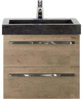 Seville Badmeubelset 60 cm - Natuur Eiken - Wastafel Hardsteen Wit Lucca