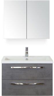 Seville Badmeubelset 80 cm - Beton Antraciet - Keramische Wastafel Wit Djazz met Spiegelkast