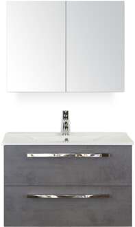Seville Badmeubelset 80 cm - Beton Antraciet - Keramische Wastafel Wit Enjoy met Spiegelkast