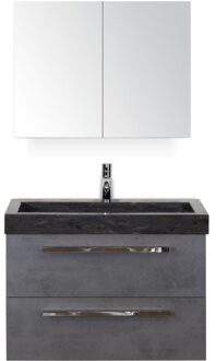 Seville Badmeubelset 80 cm - Beton Antraciet - Wastafel Hardsteen Wit Lucca met Spiegelkast