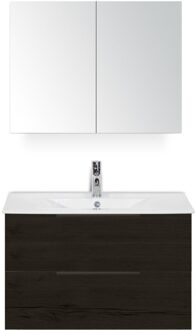 Seville Badmeubelset 80 cm - Black Oak Edge Greep - Wastafel Enjoy met Spiegelkast