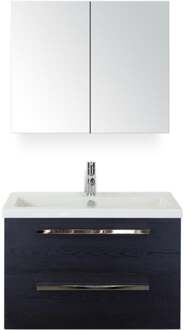 Seville Badmeubelset 80 cm - Black Oak - Keramische Wastafel Wit Djazz met Spiegelkast