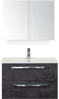 Seville Badmeubelset 80 cm - Black Oak - Keramische Wastafel Wit Enjoy met Spiegelkast