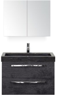 Seville Badmeubelset 80 cm - Black Oak - Wastafel Hardsteen Wit Lucca met Spiegelkast