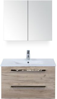 Seville Badmeubelset 80 cm - Craft Oak - Keramische Wastafel Wit Enjoy met Spiegelkast