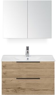 Seville Badmeubelset 80 cm - Natuur Eiken Edge Greep - Wastafel Enjoy met Spiegelkast