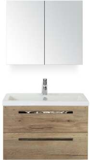 Seville Badmeubelset 80 cm - Natuur Eiken - Keramische Wastafel Wit Djazz met Spiegelkast