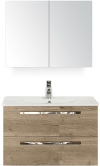 Seville Badmeubelset 80 cm - Natuur Eiken - Keramische Wastafel Wit Enjoy met Spiegelkast