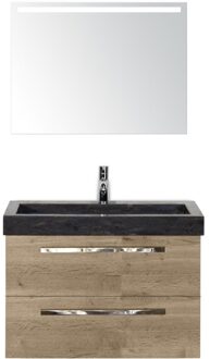 Seville Badmeubelset 80 cm - Natuur Eiken - Wastafel Hardsteen Wit Lucca met Sence Spiegel