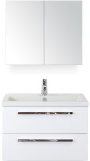 Seville Badmeubelset 80 cm - Wit Hoogglans - Keramische Wastafel Wit Djazz met Spiegelkast