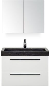 Seville Badmeubelset 80 cm - Wit Hoogglans - Wastafel Hardsteen Wit Lucca met Spiegelkast