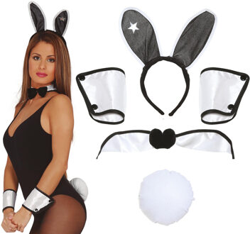 Sexy bunny verkleed set - staart/strikje/oren/armbanden - wit/zwart - dames - 4-delig