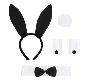 Sexy bunny verkleed set - staart/strikje/oren/manchetten - wit/zwart - dames - 5-delig