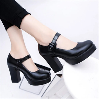 Sexy Mary Janes New Women OL high heels Black Leather Pumps Female Platform Thick with Spring Autumn Round Top Single Shoes
