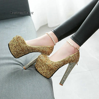 Sexy Super Thick High Heel One-button Buckle Pumps Fashion Platform Sequined Dress Party Women Shoes Red Gold B