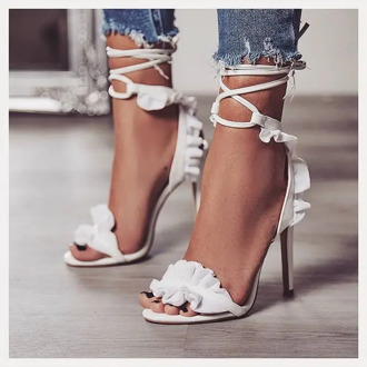 Sexy Women Pumps Bridal Shoes Woman High Heels Floral White Shoes Lace Up Peep Toe Ladies Sandals Classic Pumps 2020