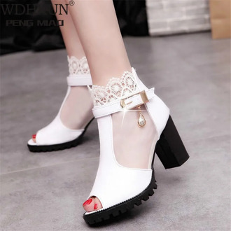 Sexy Women Sandals Mesh Lace 8CM Square High Heel Summer Shoes Woman Pumps Sexy Flower Net Hollow Peep Toe Gladiator Sandals