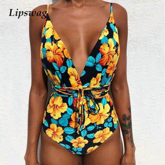 Sexy XXL Backless One Piece Swimsuit 2019 Women Print Bandage Swimwear Beachwear deep v Cut Out Bodysuit Monokini Bathing Suit