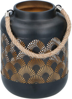 Sfeer lantaarn zwart metaal Waaier print stijl - 17 cm - met touw hengsel - Diameter 13 cm