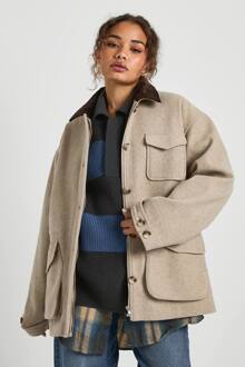 Shacket Met Contrasterende Kraag En Wollen Look, Stone - 40