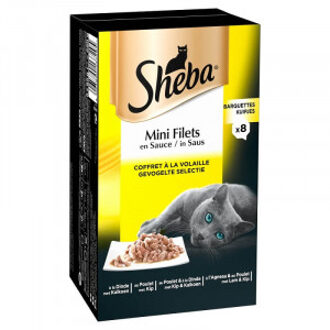Sheba Mini Filets Gevogelte Selectie in saus natvoer kat (kuipjes) 4 doosjes (32 kuipjes)