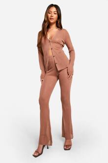 Sheer Fijn Gebreid Overhemd En Wijde Broek Set, Camel - 38