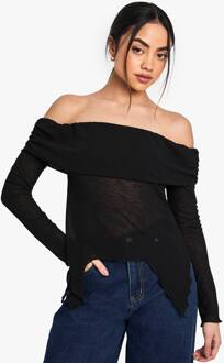 Sheer Mesh Bardot Top Met Draped Detail, Black - 42