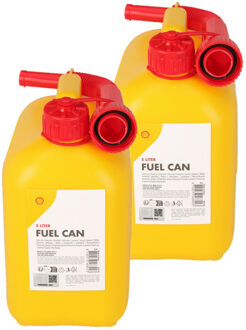 Shell Jerrycan/benzinetank - 2x - 5 liter - geel - kunststof - met lange schenktuit