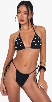 Shell Trim Versierde Driehoek Bikini Top & Tanga Tie Zijonder Bottoms Bikini Set, Black - 40