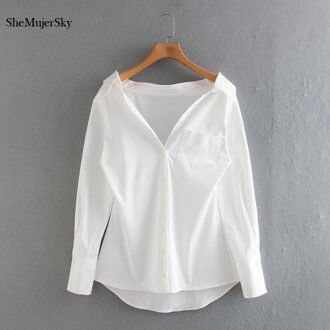 Shemujersky Lange Mouw Wit Vrouwen Shirt V-hals Turn-Down Kraag Knoppen Blouses Herfst Dames Tops XS