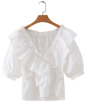 Shemujersky Witte Ruches V-hals Blouse Vrouwen Zomer Korte Mouw Tops Mode Vrouwelijke Shirts