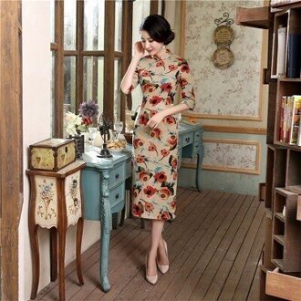 Sheng Coco Lady Chinese Vintage Tulip Cheongsam Print Qipao Elegante Bloem Lange Jurk 3XL Linnen Mode Mandarijn Kraag