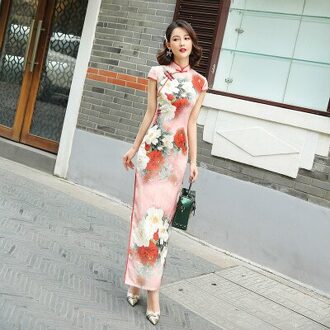 Sheng Coco Rayon Bloemen chinese Cheongsam Vrouwen Retro Lange Jurk Klassieke Lange Chinese Stijl Qipao Jurk roze lang qipao / XL