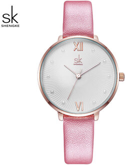 Shengke Casual Pearl Dial Quartz Vrouwen Horloge Wit Lederen Dames Horloge Reloj Mujer Vrouwen Dag Horloges Zegarek Damski roze