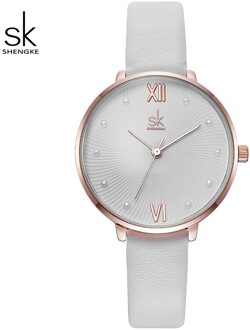 Shengke Casual Pearl Dial Quartz Vrouwen Horloge Wit Lederen Dames Horloge Reloj Mujer Vrouwen Dag Horloges Zegarek Damski