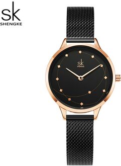 Shengke Vrouwen Horloges Sk Rose Gold Ladies Horloge Voor Vrouwelijke Klok Relogio Feminino Roestvrij Staal Japan Beweging zwart